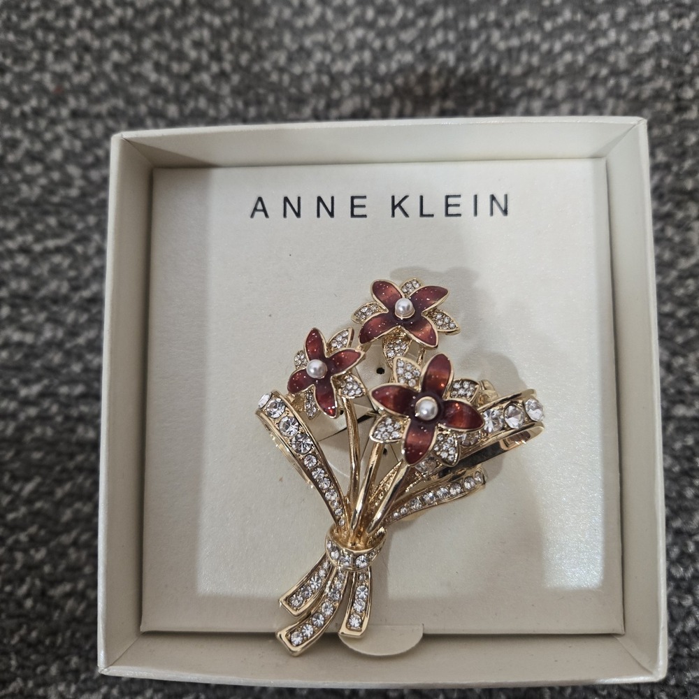 Anne Klein Flower Bouquet Brooch Red Rhinestone Faux Pearl Gold Tone Original Bo